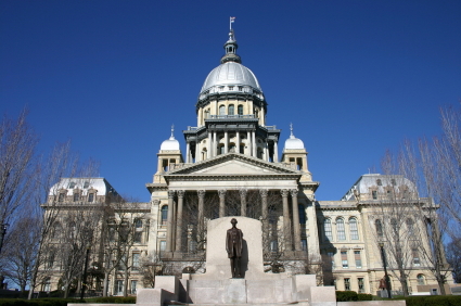 Illinois State Capital building from the front in the winter.